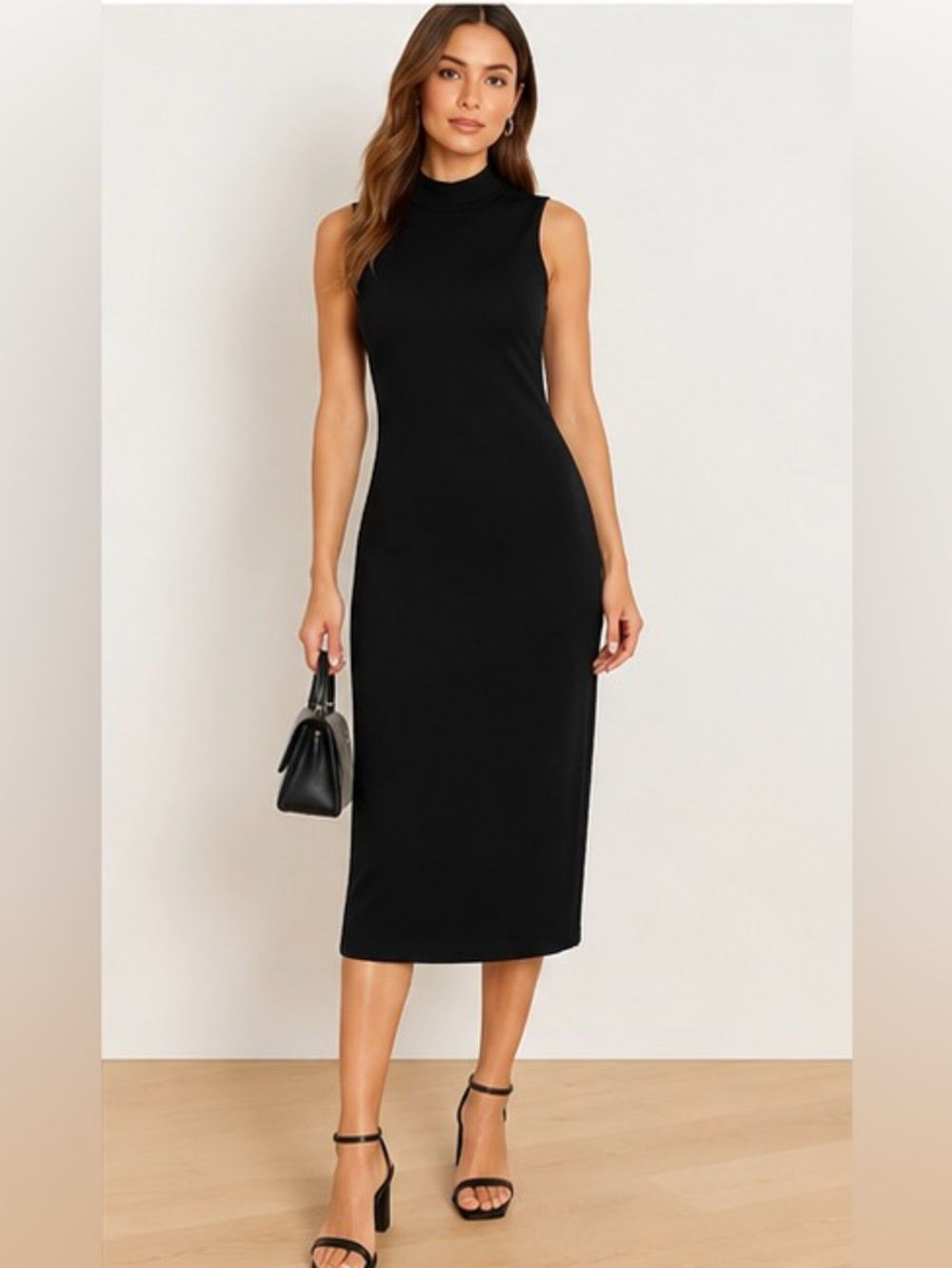 GOLDRAY Black Mock Neck Midi Dress Size Small Minimalist Like New